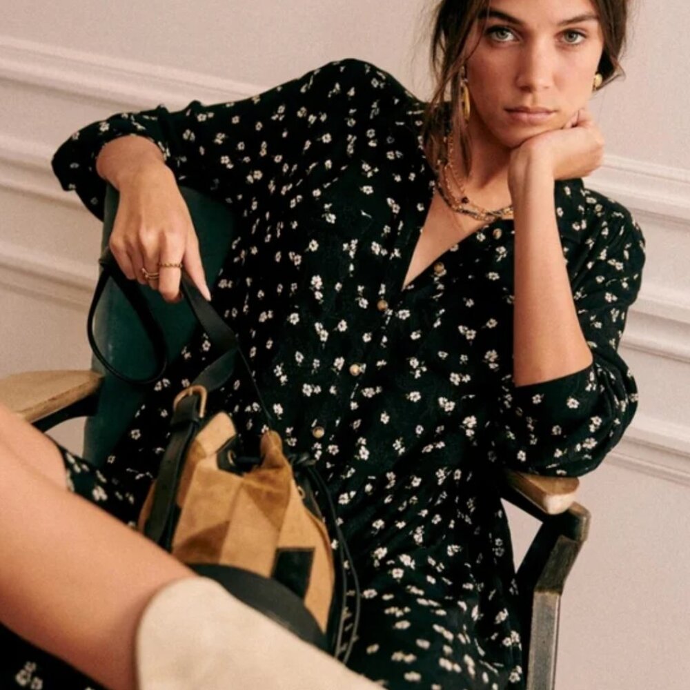 Sezane Leana Dress - Small Flowers on Black Size US 4 Fr 36